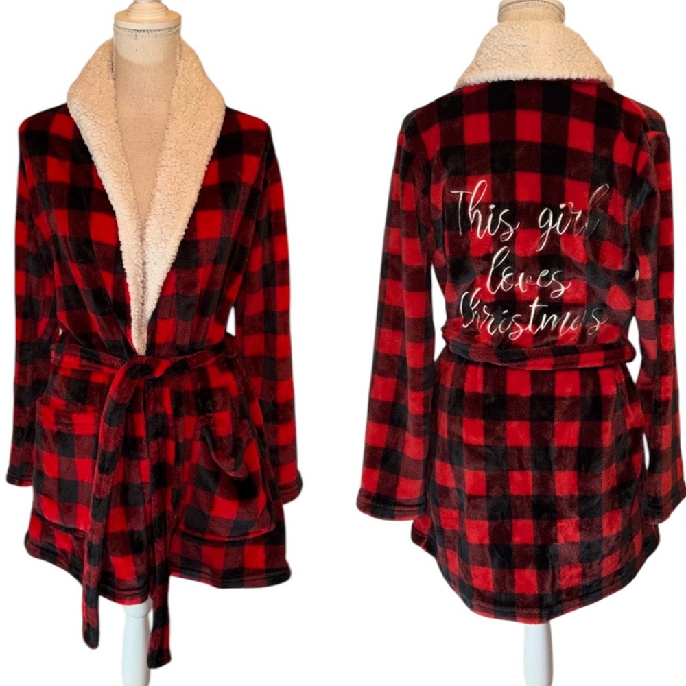Santa’s Treasures This Girl Loves Christmas plaid red and black checkered robe